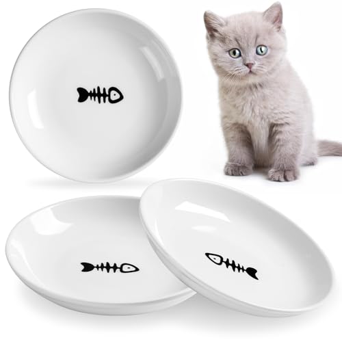 5.9 inch Ceramic Cat Bowls,Wide Shallow Dishes,Whisker-Friendly Plates,Food and Water Bowl for Indoor Cats,-10 oz,3 Pack - color: Basic Dish