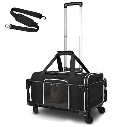 Small Pet Carrier 17"x11"x9.5" with Wheels Airline Approved, Black | for Alaska Airlines, Lockable Safety Zippers and Anti-Scratch Mesh, Pets Under 10 lbs - color: Black and Wheeled, size: 17.0"L x 11.0"W x 9.5"H