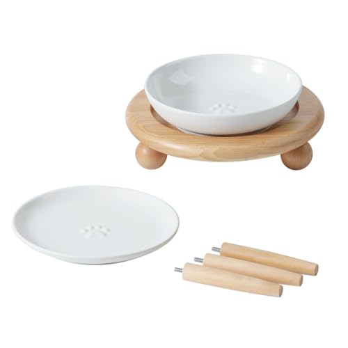 Havniva Elevated Cat Bowls, Cat Food and Water Bowl Set, Ceramic Cat Bowl | Raised Cat Food Bowls, Whisker Friendly, 5.6” Shallow Cat Dishes + 6” Wide Cat Plates, Non-Slip Wood Stand, Two Heights - color: White, size: 1 Bowl+1 Dish