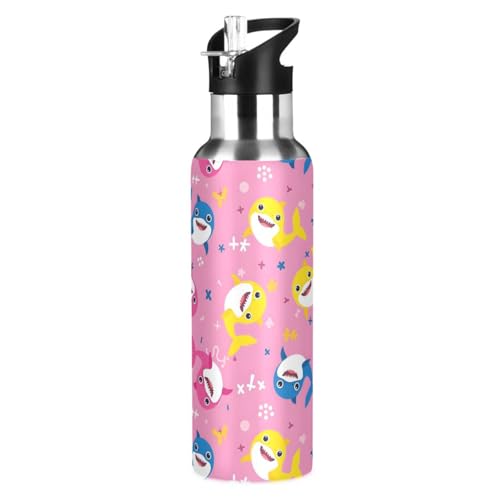 Shark Cartoon Pink Water Bottle Kids Stainless Steel Water Bottle with Straw Lid, Leak Proof Boys Girls Insulated Tumbler Cup for School 20 oz - color: Multi13