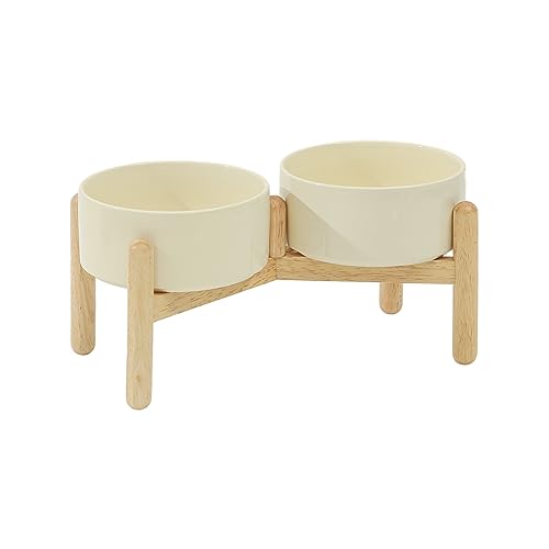 Havniva Elevated Dog Bowls Ceramic Dog Bowls with Stand, Dog Food Bowl | 6.1” Raised Dog Bowls with Non-Slip Wood Stand, Dog Food and Water Bowl Set, Double Dog Feeding Bowls for Small & Medium Dogs - color: 2 Bowls+Stand - Light Yellow, size: 6.1inch