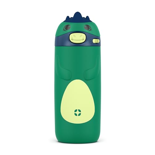 Ello Ellies 12oz Stainless Steel Leakproof Kids Water Bottle, Dino | Insulated kids water bottle with straw, leakproof locking lid, carry handle, and stainless steel fun animal design for school - color: Dino, size: 12 Ounces