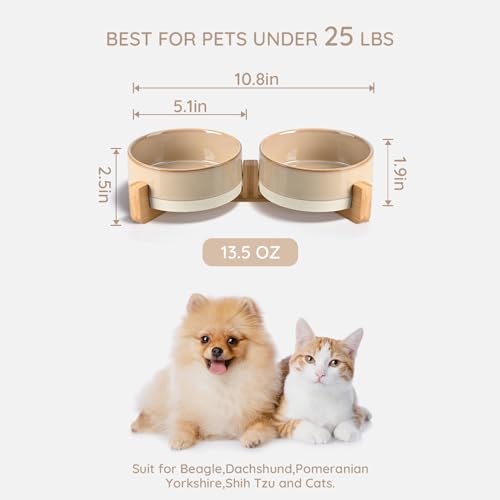 SPUNKYJUNKY Ceramic Dog and Cat Bowl Set with Wooden Stand, Modern Cute Weighted Food Water Bowl Set for Small Size Dogs (1.7 Cups, 2 × Pattern Brown) - color: Pattern Brown × 2, size: 1.7 cups