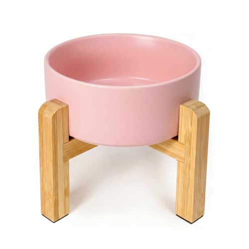 Ceramic Elevated Dog Bowl with Bamboo Stand, for Small & Medium Dog, Pink - color: Pink, size: Medium