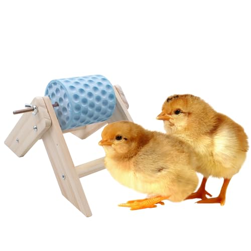 Rotating Chicken Chewing Toy, Chick Beak Grinding Calcium Stone with Wooden Stand, Small Chicken Coop Enrichment Toys for Chick, Hamster, Budgies, Parrot and Other Small Animals (Blue)