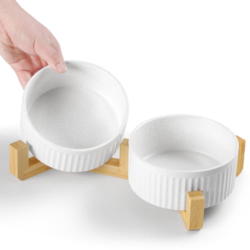Non-Slip Ceramic Dog Bowls with Wood Stand,6" Dog Food and Water Bowl Set with Silicone Base, 32 OZ/4 Cups Weighted Flip-Proof Pet Feeding Bowl for Small Dogs and Cats (Medium,White) - color: Wood Stand, size: 4 Cups
