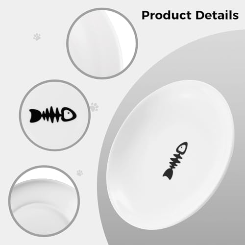 10 Ceramic Cat Feeding Bowls, 6 Inch Wide Shallow Plates for Dry/Wet Food | Reduces whisker contact; lead-free; holds water too; dishwasher safe; stable heavy design; for cats & small dogs - color: White