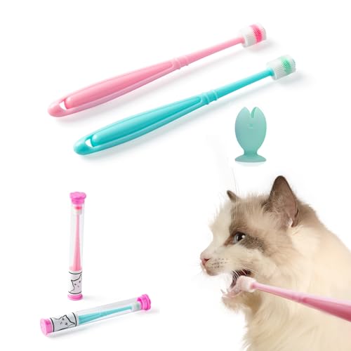 E.M&S.T by Emmeliestella Small Dog & Cat Toothbrush 360° Soft Silicone | Cat Dental Care, Toothbrush Holder, Easy to Handle, Independent Packaging, Suction Cup, Light Blue&Pink (2-Pack + Holder)