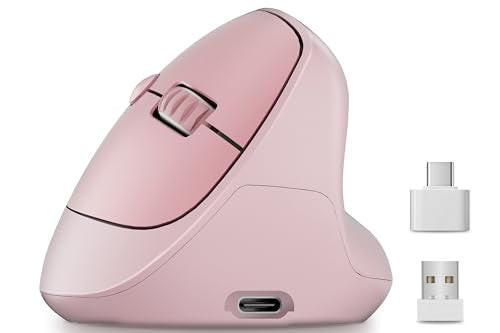 Ergonomic Vertical Wireless Mouse, 57°, Small/Medium Hands, Pink | Rechargeable, Quiet Click, 800/1200/1600 DPI, 2.4GHz USB Receiver, Forward/Back Buttons, Computer Mouse for Laptop PC Mac - color: Pink