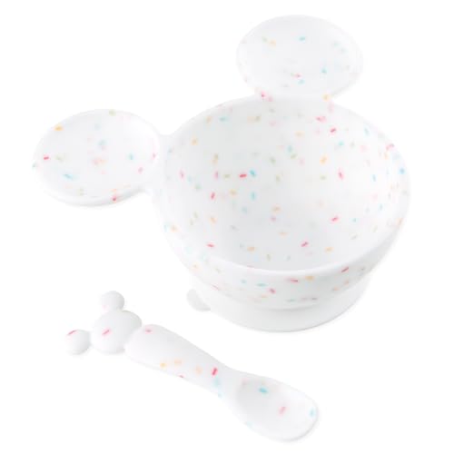 Bumkins Disney Mickey Mouse Bowl, Silicone First Feeding Set with Suction, Includes Spoon, Training Essentials for Baby-Led Weaning, Toddler Self-Feeding, Babies Eating at 4 Mos Up, Vanilla - color: D2 Mickey Mouse-Vnl, style: Disney