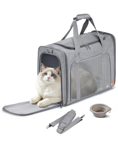 55x40x23 cm Soft-Sided Pet Carrier Bag Large Cat Small Dog Carriers | Up To 26lbs For Medium Cats Dogs Puppies Collapsible Travel Puppy Carrier with Foldable Bowls ,Grey - color: Grey