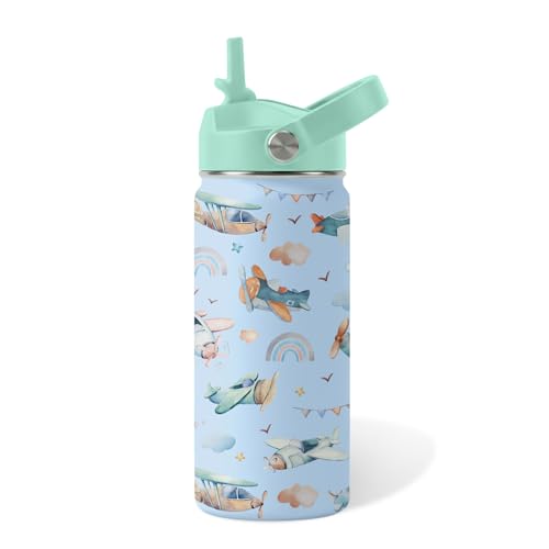 Airplane Gifts - 16oz Kids Blue Airplane Water Bottle with Straw Lid, Stainless Steel Insulated Tumbler, Leakproof, BPA-Free, for Boys, School, Travel - Helicopter Pilot Lovers Birthday Gift Cup (1pc) - color: Helicopter, size: 16 Ounces