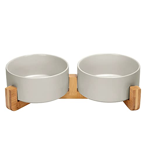 SPUNKYJUNKY Ceramic Dog and Cat Bowl with Wood Stand Non-Slip Matte Glaze Weighted Food Water Set for Cat Medium Dog 28.7 OZ - color: Grey × 2, size: 3.6 cups