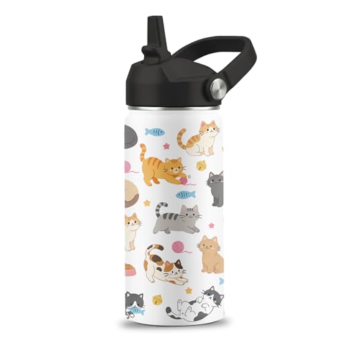 Cute Water Bottle with Straw Lid, 16 oz Cat Water Bottle, Cat Gifts | Stainless Steel Insulated Tumbler, Cute Cats Birthday Cups Gifts for Boys Girls Cats Lovers - color: Cats