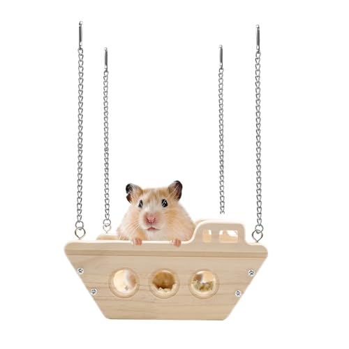 Natural Wood Chinchilla Toy Hammock for Cage Swing, Hamster Bed Hanging Wooden Toys,Indoor Chinchilla Habitat Swing House Hut Ledges and Platforms Enrichment