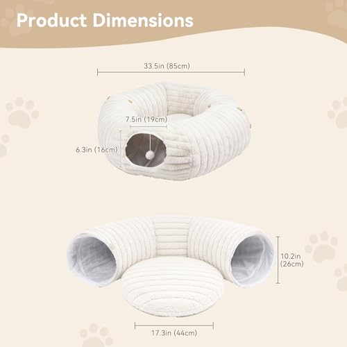 Dogpals Cat Tunnel Bed Cave 33" Lx10 Wx10 H for Indoor Cats (White) | Washable Cozy Cushion, Soft Striped Plush Fabric, Hideaway Peekaboo Cave for Kittens, Puppies, Rabbits & Small Pets - color: White