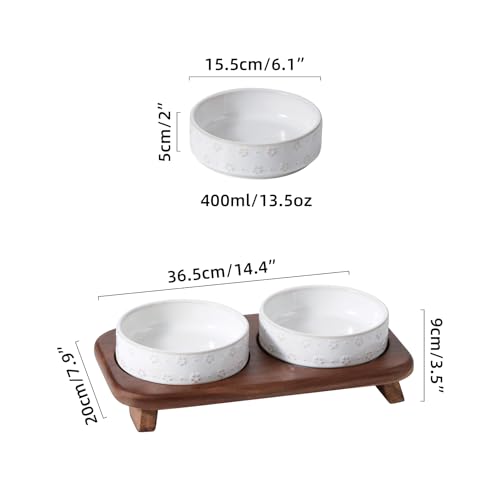 Havniva Ceramic Cat Food Bowl, 6.1" Raised Cat Bowls with Acacia Wood Stand | Elevated Cat Bowls, Whisker Friendly, Extra Wide Opening, Aesthetic Cat Dishes, Elegant Pet Bowls, Food-grade Ceramic, Kitten - color: 2 Bowls+Stand- Arctic White
