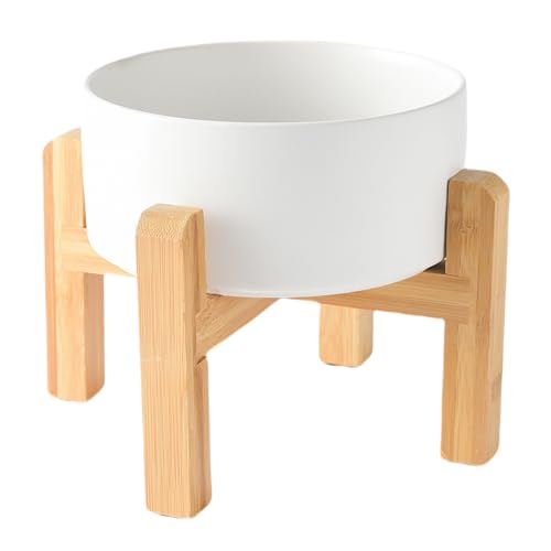 6'' Ceramic Raised Dog Bowl - 30Oz Dog Food & Water Bowl with Elevated Non-Slip Bamboo Stand, Dishwasher & Microwave Safe, Anti Vomiting Heavy Duty Pet Bowl for Small and Medium Dogs, White - color: 1 x Bowl + Stand - White, size: 6 inch