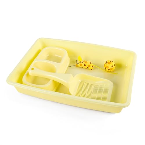 PAWISE Cat Litter Box Set, Small Kitten Starter Kit, Includes Litter Box, Litter Scoop, Double Dish Feeding Bowl, Cat Mouse Toy, Kitty Ball Toy, Yellow - color: Yellow