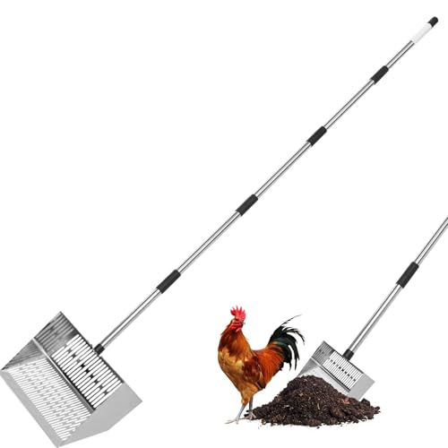 Metal Chicken Coop Scoop,With 31–75" Adjustable Stainless Steel Long Handle | 31–75" Adjustable Long Handle Pooper Scooper, Perfect for Chicken Coops, Duck Houses & Animal Farm Bedding Cleaning (Black)