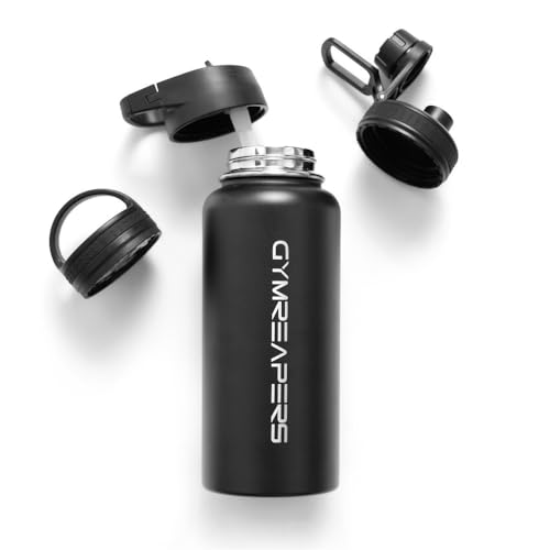 Gymreapers Insulated Water Bottle - Stainless Steel 32 Oz, 3 lids (Straw, Chug, Canteen), Double Walled Vacuum Insulation, Thermo Mug Cold Hot - Durable Powder Coated Finish (Black) - color: Black