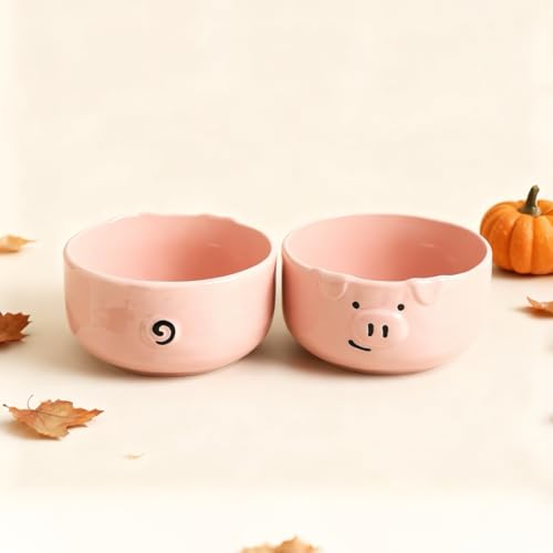 Pig Shaped Ceramic Bowl Set, Pink, 2-Piece | 40 oz Capacity, 6.4 Inch Size, Ramen, Soup, Salad, Cereal and Pasta - size: 40 oz