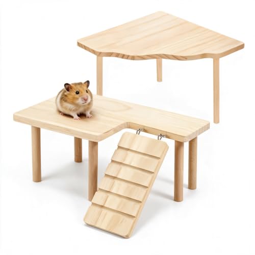 Hamster Platform Set, 2-Piece Wooden Modular Playground & Hide, Cage Accessories for Dwarf Syrian Hamsters, Gerbils, Mice, Degus (Rectangle2+Corner)
