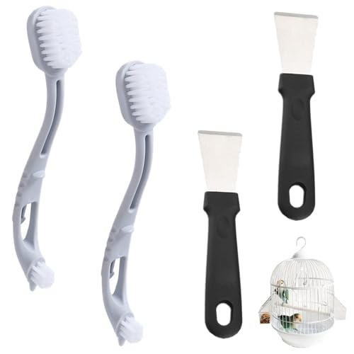 4 Pcs Bird Cage Cleaner with Two Brush Heads Long Handle Tool, Stainless Steel Bird Droppings Cleaning Scraper for Cleaning Bird Parrot Cages Kennels Perches