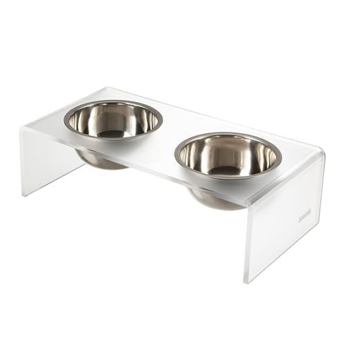 DBL2000K Keaton 5" Small/Medium Modern Acrylic Rectangular Elevated Pet Feeder with 20oz 2-Stainless Steel Bowls, Moon White/Chrome - color: Moon White/Chrome, size: 20 Ounces (5" Cups 2-Pack)