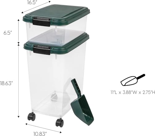 IRIS USA Airtight Pet Food Container, Up to 30 lbs & 11 lbs, Green | Airtight Seal, BPA-Free, 2-Cup Scoop, Stackable Design, Rolling Wheels, Dual Storage - size: 30 lbs, 11 lbs