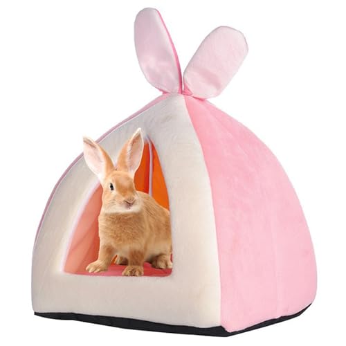 Fhiny Rabbit Bed Cave Cozy Guinea Pig Hideout Cute Bunny Bed Large House Winter Nest Dwarf Rabbit Cage Accessories for Chinchilla Ferret Hedgehog or Other Small Animals（Pink） - color: Pink
