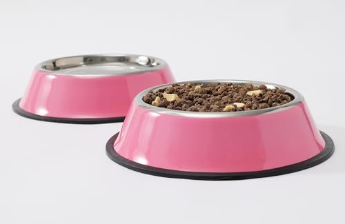 Stainless Steel Dog Bowls, Food and Water Non Slip Anti Skid Stackable Pet Puppy Dishes for Small, Medium and Large Dogs (2 Pack) - color: Pink, size: 1.5 Cup/12 oz
