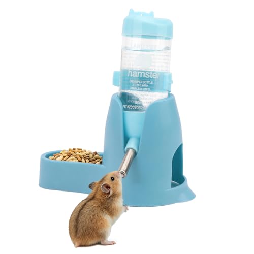 Litewoo 3 in 1 Hamster Water Bottle Small Animal Water Bottle with Food Container Base Hut Hanging Pet Automatic Feeding Drinking Dispenser for Dwarf Hamster Rats Mouse Gerbil Mice - color: Blue, size: 80ml