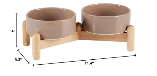 Havniva Elevated Dog Bowls Ceramic Dog Bowls with Stand, Dog Food Bowl | 5.1” Raised Dog Bowls with Non-Slip Wood Stand, Dog Food and Water Bowl Set, Double Dog Feeding Bowls for Small Dogs - color: 2 Bowls+Stand - Brown Coffee, size: 5.1inch