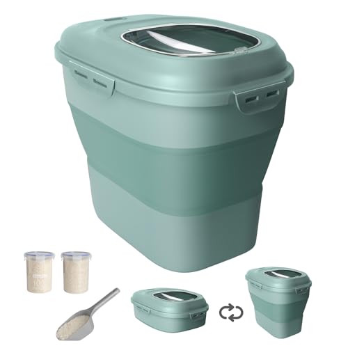 20-50 Lbs Food Storage Containers,Collapsible Rice Container with Wheel Airtight Locking Lid,Flour Storage Container with Small Food Jar and Scoop,Suitable for Food,Rice,Pet Food,Flour - color: Green/20-50LBS