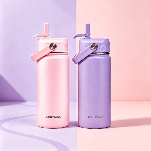 2Pack 18oz Kids Insulated Water Bottle - Bulk Stainless Steel Water Bottles for School Boys/Girls Flip Top Leak Spill Proof Vacuum Metal Cups BPA Free Thermos(Light Pink, 18 Ounces) - color: Light Pink
