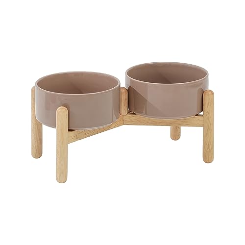 Havniva Elevated Dog Bowls Ceramic Dog Bowls with Stand, Dog Food Bowl | 6.1” Raised Dog Bowls with Non-Slip Wood Stand, Dog Food and Water Bowl Set, Double Dog Feeding Bowls for Small & Medium Dogs - color: 2 Bowls+Stand - Brown Coffee, size: 6.1inch