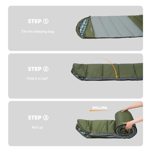 Cotton Flannel Lined Sleeping Bag for Adults Teens Kids, Cold Weather & Warm, 3 Seasons, Lightweight Compact Camping Essentials Equipment, Hiking, Outdoor, Travel - color: Green Grey