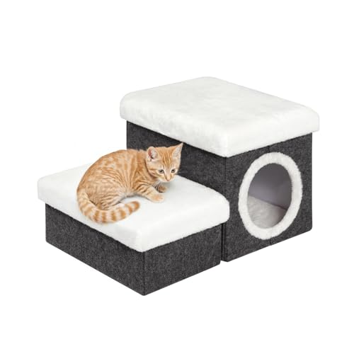 B FSOBEIIALEO Cat House Pet Stairs for Beds Sofa, Foldable Dog Steps 2-Tier With Storage Toy Box, Small Indoor Pet Steps Grey 15.7x12.6x12.6 Inches
