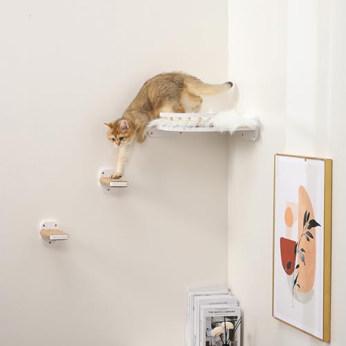 3-in-1 Cat Climbing Wall Steps with Hemp Rope, Shelves and Perches - Wall-Mounted Cat Furniture Set with Scratching Pads (White) - color: White