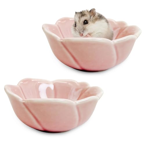 BNOSDM 2 Pcs Hamster Ceramic Food Bowl Flower Series Gerbil Drinking Bowls Anti-Turning Food & Water Dish for Dwarf Syrian Hamsters Gerbil (Pink, Rose Pattern, 3.74“ x3.74“ x1.77“) - color: Pink