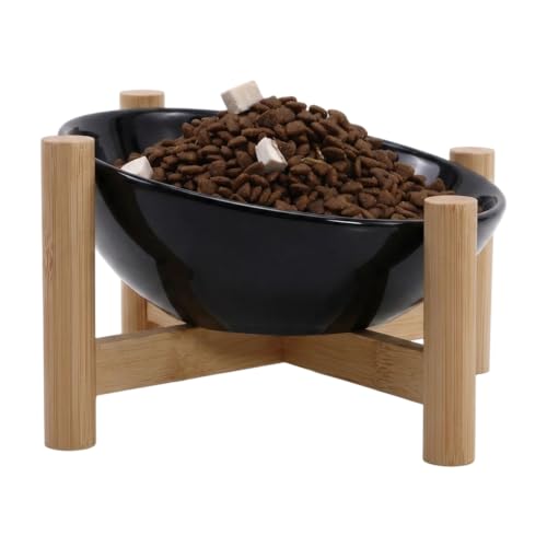 15° Slanted Rim Ceramic Cat Bowl, Anti-Spill for Small Cats,Black | ood-safe Ceramic with Wooden Stand,Ergonomic Tilt Relieves Neck Strain,Anti-Vomiting,Prevents Whisker Fatigue - color: Black