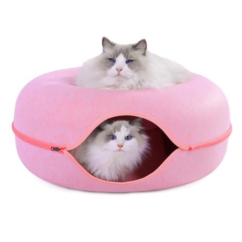 Large Cat Tunnel Bed for Indoor Cats with 3 Toys, Scratch Resistant Donut Cat Bed, Up to 30 Lbs (L 24x24x11, Pink) - color: Pink
