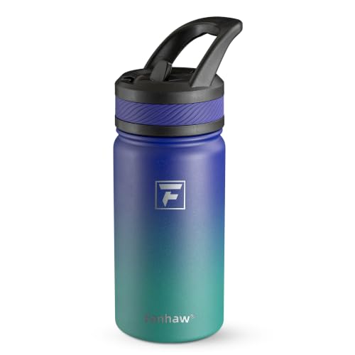 Fanhaw 14 oz Kids Water Bottle for School, Insulated Water Bottle with Straw Lid, Stainless Steel Vacuum Insulated Bottle for Boys & Girls, Leak-Proof, BPA Free(Purple Green) - color: Purple Green