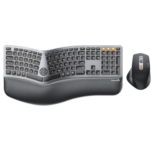 ProtoArc EKM01 Plus Wireless Ergonomic Keyboard Mouse Combo - Gray Black | Full-size Split Keyboard with Cushioned Wrist Rest, Ergonomic Mouse, 3-Device Bluetooth/2.4G, USB-C Rechargeable - color: Gray and Black