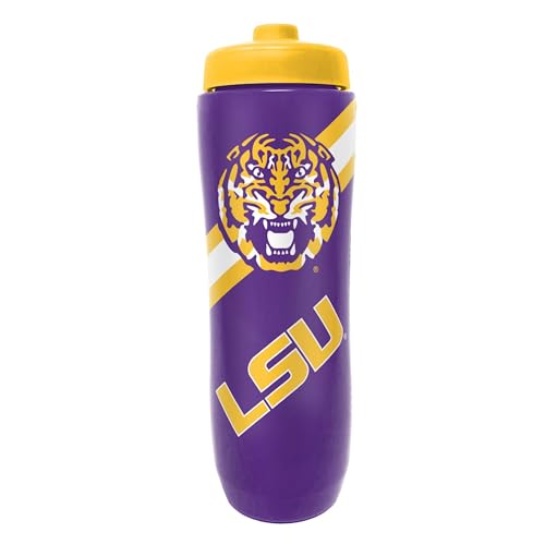 Party Animal NCAA Squeeze Bottle, 32 oz, LSU Tigers | Slim, lightweight BPA-free sports water bottle with quick-flow squeeze; fits backpacks & cup holders for kids or adults - style: LSU Tigers