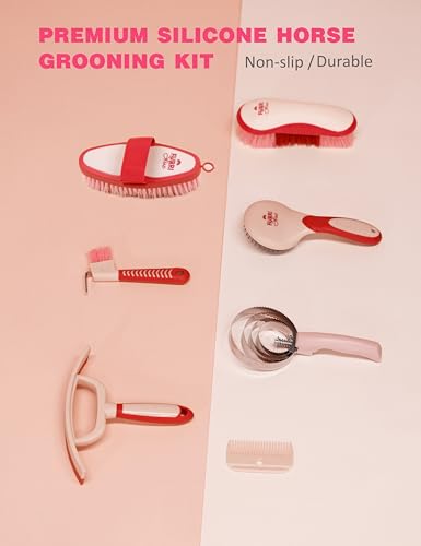 Horse Grooming Kit, 9 Piece Grooming Brush Set with Silicone Curry Comb for Bathing & Shedding Pink Garnet - color: Pink Garnet