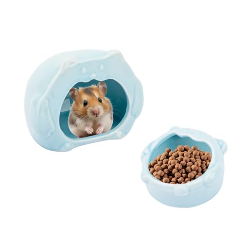 Bear-Shaped Hamster Hideout & Food Bowl Set - Ceramic Habitat for Syrian Dwarf Hamsters, Mice, Gerbils - All-Season Use, Chew-Proof Ceramic House and Feeding Dish for Small Pets(Blue)