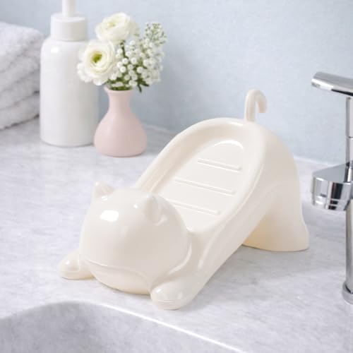 Cat Shape Soap Dish, Plastic Cute White Cat Soap Dish with Drainage Holes, Non-Slip Animal Sponge Holder Bathroom Storage Container for Bathroom, Sink, Tub Sink, Shower, Kitchen Counter