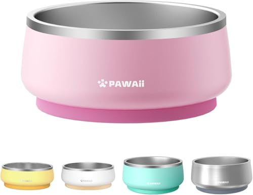 Pawaii Dog Bowl,68 oz Stainless Steel Food and Water Bowl,ID Tag,1 Pack | Double-Wall Design,Non-Slip Rubber Base,Dishwasher Safe,Smooth Open Design, Not a Slow Feeder,Easy-Rinse Interior - color: Sakura Pink, size: 68oz